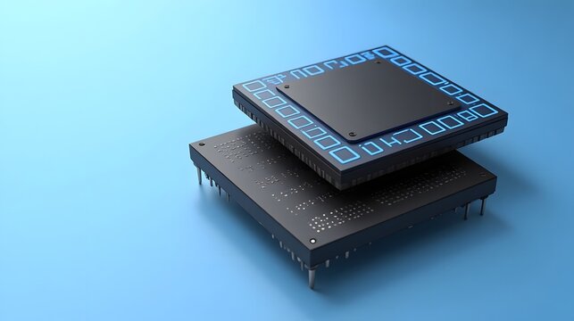 Close up of two black computer microchips on a blue background