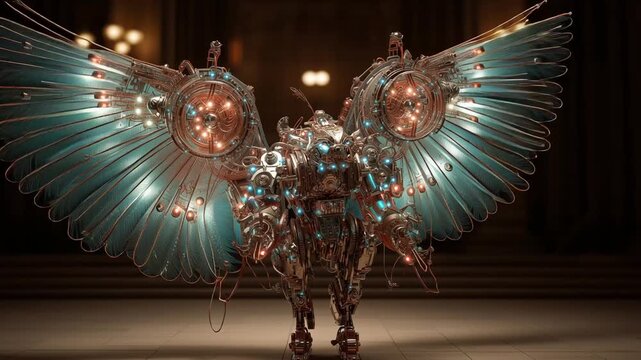 Garuda mech robot spreading wings with glowing feathers 