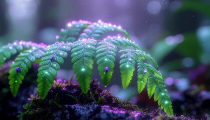 A close-up shot of a vibrant green fern with dew drops, set in a mystical forest environment with a fantasy atmosphere and soft, purple lighting.
