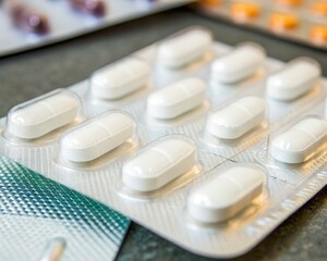 Pharmaceutical Blister Pack: Close-Up of White Tablets in Clear Plastic Packaging, Professional Medical Supply