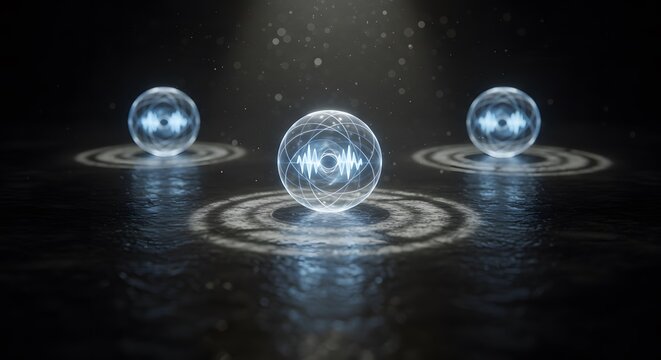 Three Luminous Spheres with Dynamic Energy Waves on a Reflective Surface - Powered by Adobe