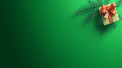 Christmas Gift and Pine Branch on Green Background And Template for Text