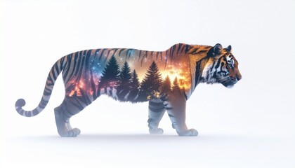A tiger with a vibrant, fantasy atmosphere filled with mystical creatures, showcasing a scenic forest and sunset on its body, set against a clean white background with a dreamy mood.