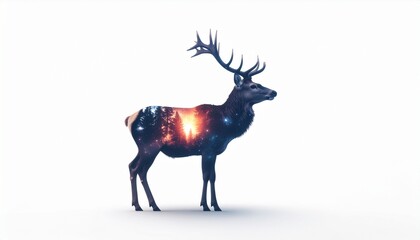 A mystical stag with antlers stands against a white background, its body filled with a fantasy atmosphere of glowing stars and galaxies.