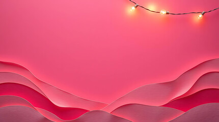 Pink Paper Cut Landscape with String Lights On Pink Background With Template for Text