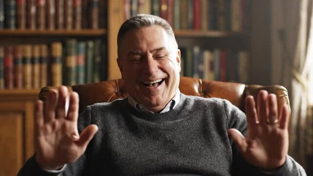 Middle-aged man laughing hysterically while sitting in a leather chair near a bookcase filled with books