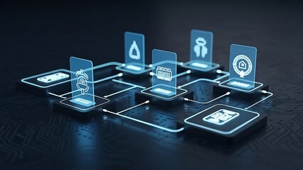 Futuristic Technology Network with Glowing Icons and Connections.