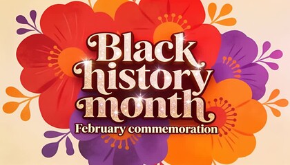 Black history month celebration graphic with animated retro flowers and february commemoration text, heritage.
