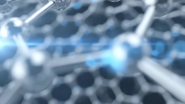 Abstract animation of graphene nanotube with glowing blue energy flowing through atomic structure. Scientific visualization for nanotechnology research.