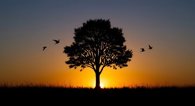 Inspiring Believe Tree Silhouette at Sunset with Birds Flying