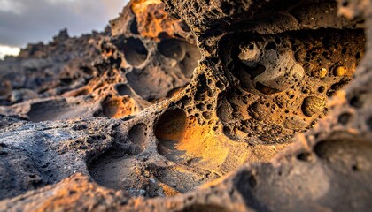 Fototapeta premium Close-up of porous rock with varied holes, textures, and light creating depth in this organic, earth-toned composition