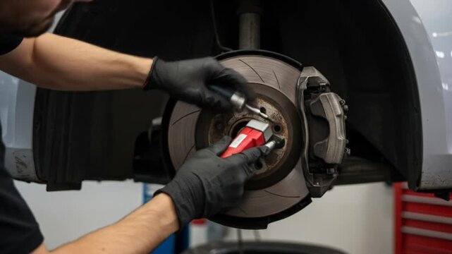 A mechanic, wearing gloves, works on a car's brake disc rotor with tools. The rotor is mounted on the wheel hub. The car's fender is visible