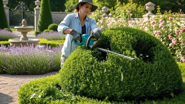 Woman gardener shaping topiary bush with electric hedge trimmer in formal garden. Professional topiary art and garden maintenance.