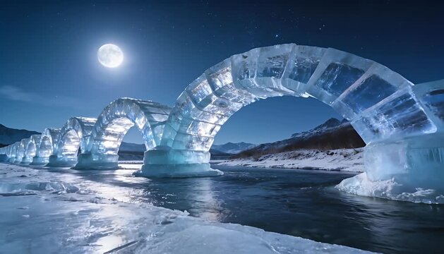 An illuminated ice bridge arches over a winter river, glowing under a bright full moon and starry night sky.