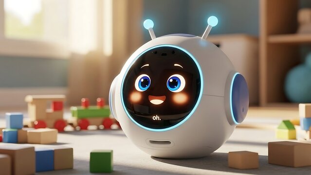 Adorable Robot Toy Surrounded by Colorful Building Blocks.