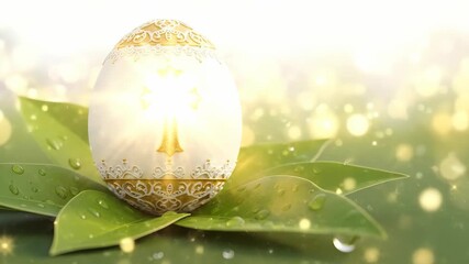 Happy Easter Sunday celebration with glowing decorative egg on wet green leaves. Concept of spring holiday and new beginning with bokeh effect.