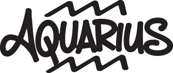 Hand-drawn Aquarius Zodiac Vector with Wave Symbols A bold, hand-drawn vector illustration of the Aquarius zodiac sign. Features the word "Aquarius" in stylized script framed traditional water Print.