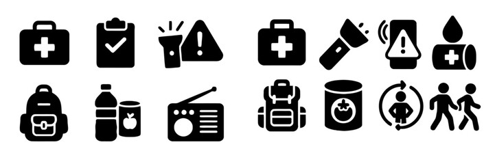 Emergency preparedness kit icons for disaster survival safety and first aid supply