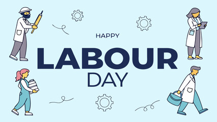 Happy labour day celebration with diverse workers in lab coats and overalls holding tools and equipment