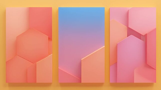 Vibrant abstract geometric background with layered hexagonal and angular shapes in soft pastel gradients, creating a modern dimensional design