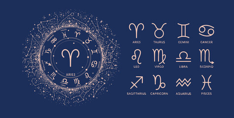 Zodiac wheel with zodiac signs in a celestial style on a blue background. Elegant vector illustration for calendar, astrology, horoscope, Mystical design.  © Salomi art