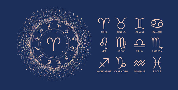 Zodiac wheel with zodiac signs in a celestial style on a blue background. Elegant vector illustration for calendar, astrology, horoscope, Mystical design. 