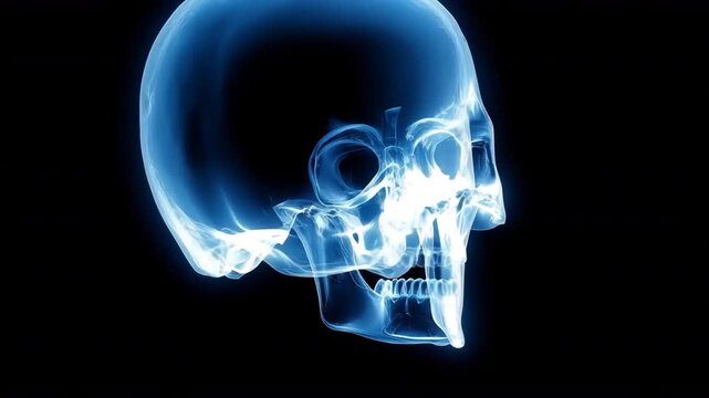 正面から捉えた、青く発光する頭蓋骨のX線画像