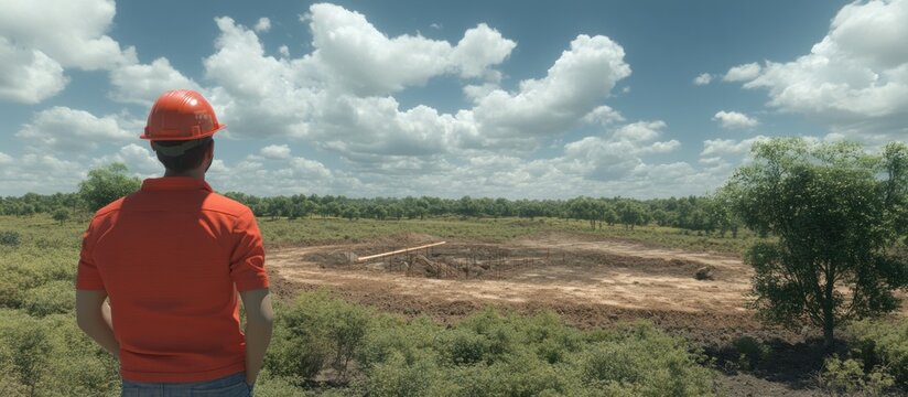Man in hard hat looking over undeveloped land construction site under cloudy sky