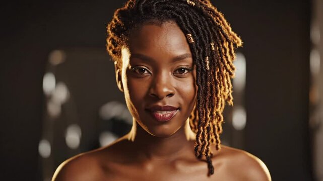 Beautiful black woman with locs and brown eyes looking at the camera with an intense gaze