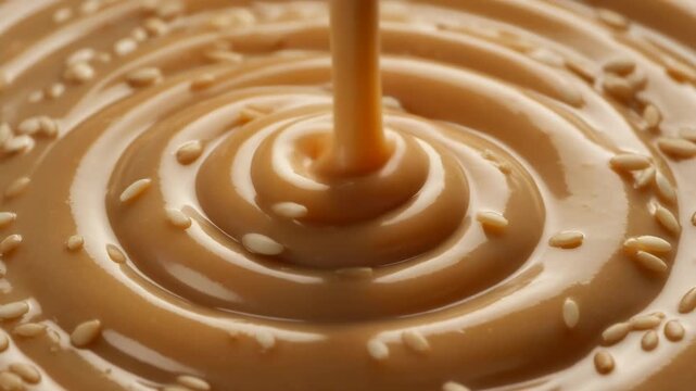 Close-up of creamy tahini flowing gracefully with sesame seeds creating swirling patterns and textures a delicious liquid food background