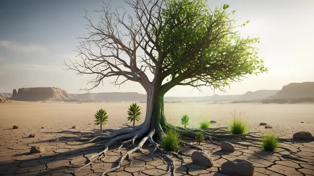 A half alive and half dead tree in a dry cracked desert transitioning between life and drought for environmental conservation concept.