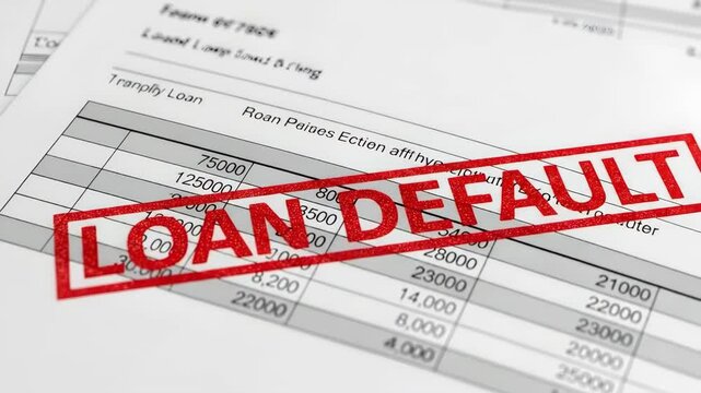 Loan default stamp on financial document. Red stamp on business papers with numbers. Banking and credit crisis concept.