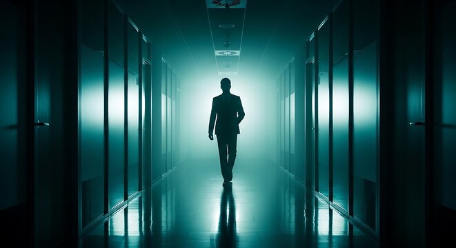Silhouette of a man walking in a futuristic corridor.