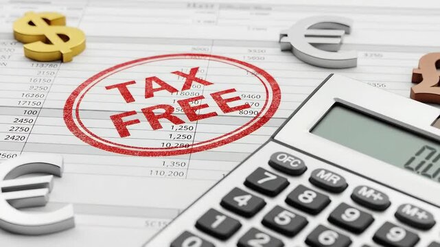 Tax free stamp on financial sheet with calculator and currency symbols. Accounting and business concept for tax exemption.
