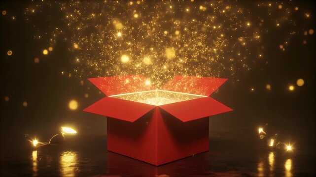 Open red gift box with glowing magical sparkles, surprise, celebration, wish, mystery, holiday concept