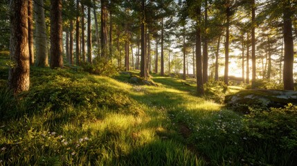 Fototapeta premium Tranquil Forest Scene with Sunlight Filtering Through Trees and Lush Greenery in a Serene Natural Landscape
