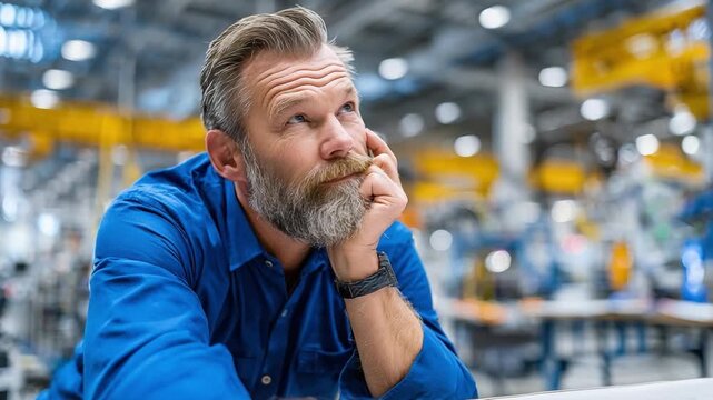 Reflection in the Factory: A thoughtful man in a blue shirt is deep in thought, against a backdrop of the manufacturing facility.