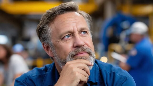 Contemplative gaze: A pensive individual in a workshop, lost in thought. Reflecting on complex problems or envisioning innovative ideas.