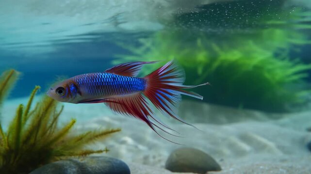 A striking betta fish displays vivid blue and red hues as it swims gracefully in a clear, well-maintained aquarium. the serene underwater scene features a sandy substrate and lush green aquatic plants