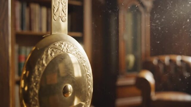 Antique grandfather clock pendulum swinging inside a dimly lit library room with vintage furniture