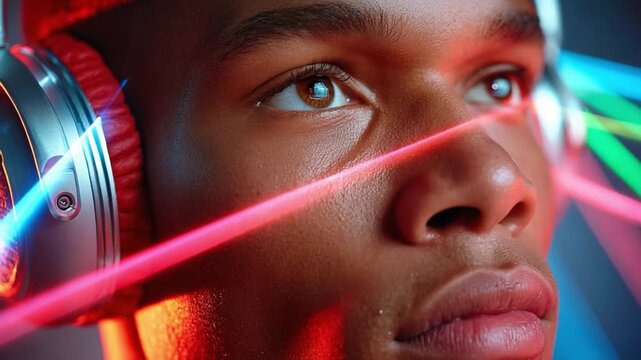 Music in the Mind's Eye: A young person, lost in the immersive world of music, experiences a sensory explosion through headphones, captured with a dynamic use of light and color.