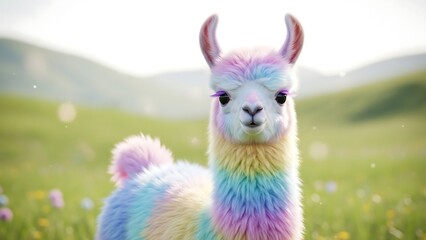 Fototapeta premium Pastel Rainbow Llama in a Meadow - A Whimsical Portrait.