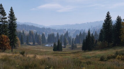 Tranquil Autumn Landscape with Rolling Hills, Lush Green Grass, and Dense Evergreen Trees in a Peaceful Valley