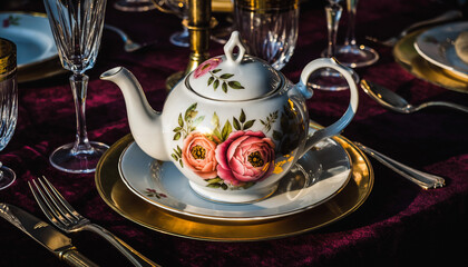 Fototapeta premium Elegant floral teapot with vibrant roses anchors a luxurious velvet table setting.