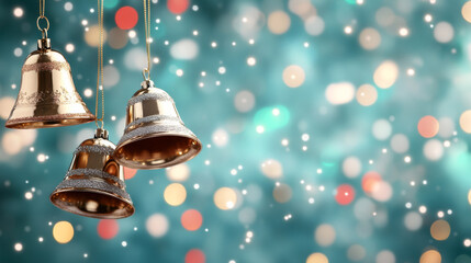 Festive golden and silver bells on a sparkling background for holiday decor