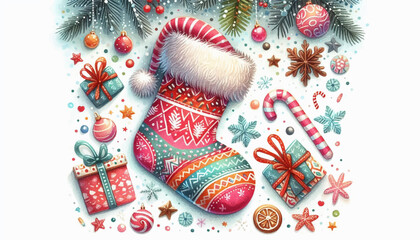 Festive Christmas Stocking Illustration &ndash; Watercolor Flat Lay with Gifts, Candy Canes & Ornaments for Greeting Cards, Social Media & Holiday Packaging