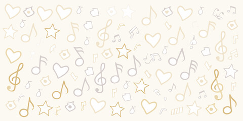 A whimsical background of hearts stars and musical notes in soft tones