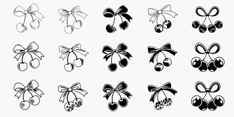 A collection of black and white cherry illustrations with decorative bows