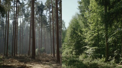 Obraz premium Lush Green Forest Landscape with Tall Trees and Dappled Sunlight in a Serene Natural Environment