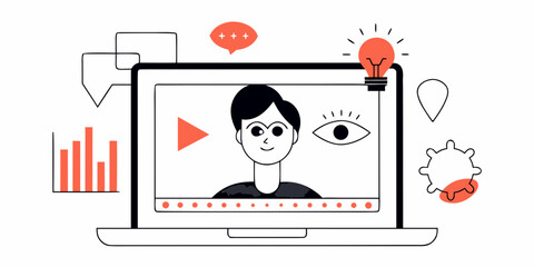 Online learning concept with a laptop video and bright idea illustration
